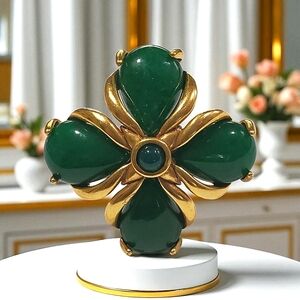 Emerald Cabochon Maltese Cross Matte Gold Oversized Statement Ring